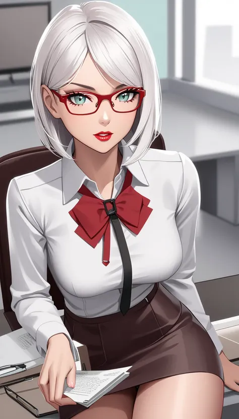 dark skin,  white hair, secretary, short skirt, Red glasses,  Short hair, Chiara Farrell