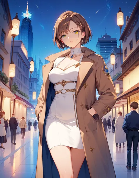 (( best quality)), ((masterpiece)), ( Details),anime, girl, sexy, Erotic , Long Coat ,Do you put your hand in your pocket,Brown Hair, short hair ,Clothing,night city background ,