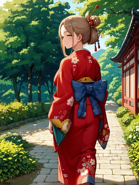 score_9, score_8_up, score_7_up,source_anime, 1girl, solo, light brown hair long hair, hair up a hair stick, (tareme), golden yellow eyes, half-closed eyes, voluptuous, BREAK, walking outdoors, from behind, light smile, (japanese clothes, kimono, obi), pos...