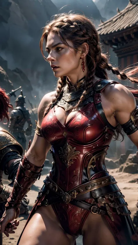 Tall muscled defined woman, detailed armor, red and gold engraved leather Cuirass, intricate designs on the Cuirass, intricate Cuirass engravings, imposing and powerful stance, fierce expression, red wild mane braided hair, dynamic pose, intense battle sce...