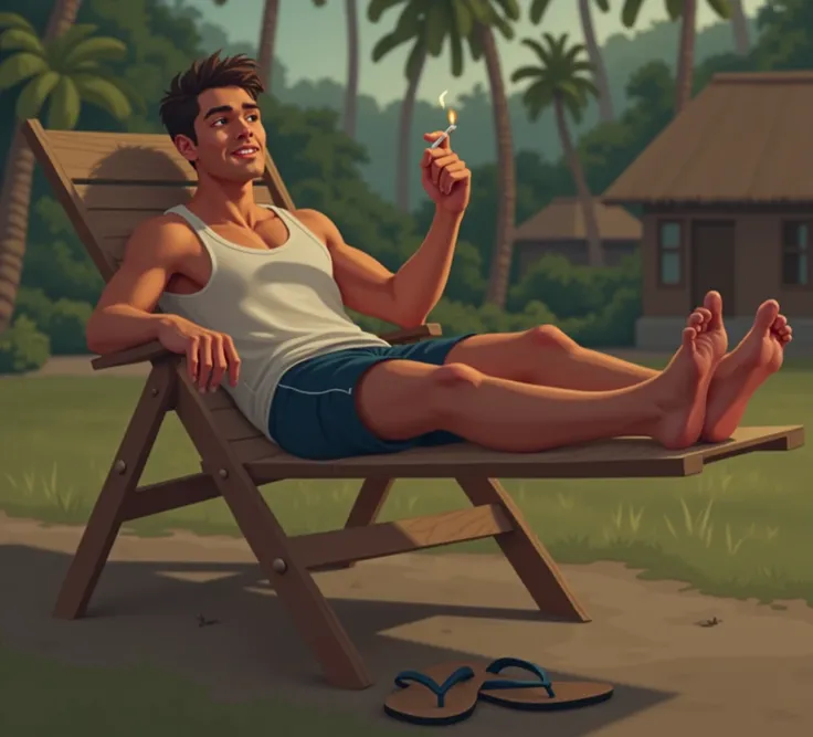 Image shows a young man lounging on a wooden deck chair while crossing his legs straight ahead.  He is wearing a white tank top and blue shorts, and a pair of flip-flops on the ground next to him. The man holds a cigarette in his right hand and appears to ...