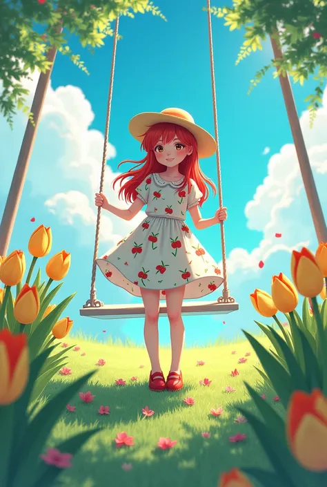 A girl with red hair, wearing a dress with a red summery tulip pattern wearing a tulip hat and red shoes, the foreground features a white swing, the background features a blue sky with white cumulus clouds,with digital glitches,cord appering on surfaces,Ma...