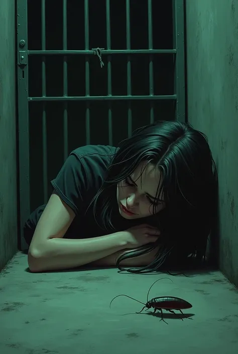  BLACK-HAIRED WOMAN 35 YEARS OLD ON THE FLOOR LYING DOWN, IN A CELL WITH BARS , A COCKROACH ON THE FLOOR TOO (GREEN FILTER )
