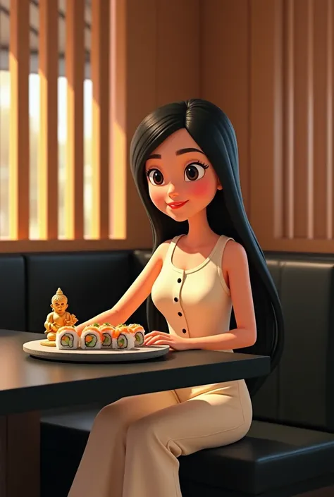 Woman 30 years, long straight black hair, wearing creme short sleeveless buttoned vest and creme long loose trousers with white sneakers. At Sushi restaurant with wood slat paneling in walls, black rectangular tables, sitting on black leather upholstered b...