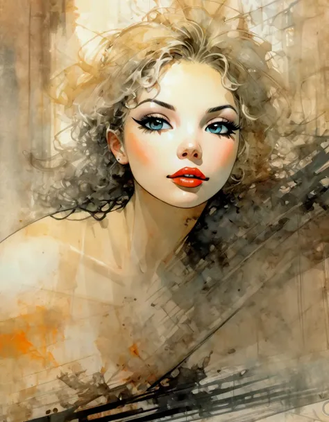 a young woman in sexy lingerie, beautiful detailed eyes, beautiful detailed lips, extremely detailed face, long eyelashes, elegant pose on a classic sofa, elegant minimalist room, sketch style art inspired by Bill Sienkiewicz and Dave McKean, (best quality...