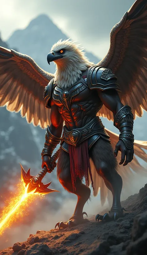 Create a fierce hybrid creature that combines a warrior holding a chakram with the majestic power of an eagle. The hybrid should have the muscular, powerful body of an eagle, with large, sharp wings and piercing eyes, exuding grace and strength. The upper ...