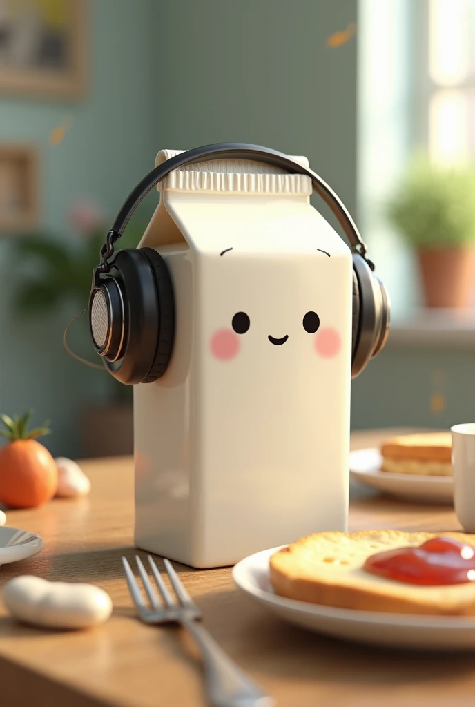 A milk pack that listens to music with headphones while having breakfast 