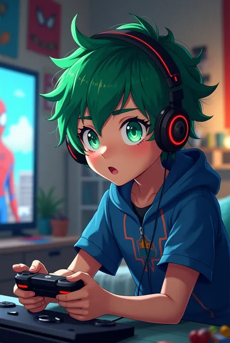 Anime style of a boy with green hair and green eyes playing Spiderman Miles Morales on his PS4 