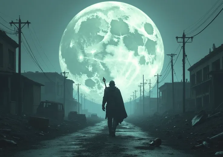 " A lone warrior walking on a deserted road amidst wreckage, with a gigantic moon illuminating the scene ."