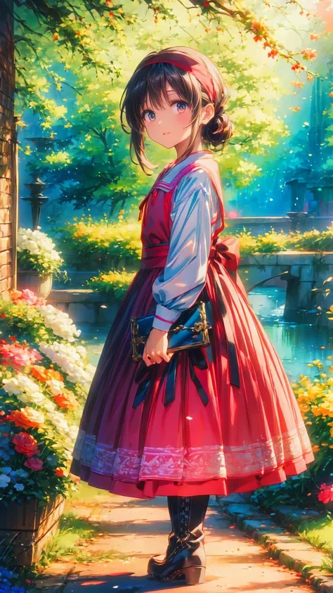   anime style 、story、、   pretty girl 、とてもcute天使、  pink gothic dress 、cute、baby face、smile、  Long Skirt 、   black boots 、Very cute headband
