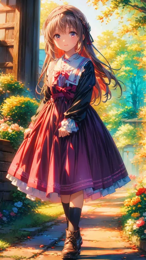   anime style 、story、、   pretty girl 、とてもcute天使、  pink gothic dress 、cute、baby face、smile、  Long Skirt 、   black boots 、Very cute headband
