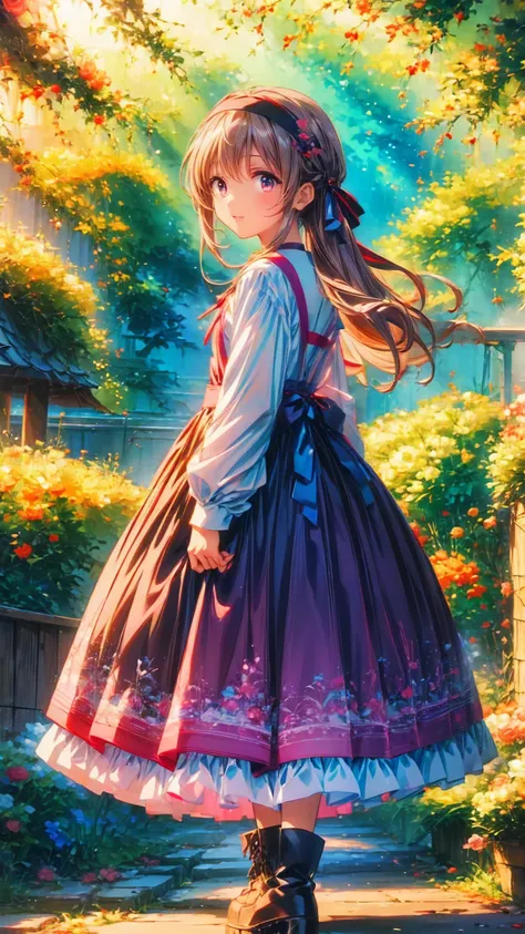   anime style 、story、、   pretty girl 、とてもcute天使、  pink gothic dress 、cute、baby face、smile、  Long Skirt 、   black boots 、Very cute headband
