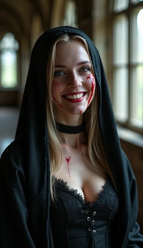 CynthiaPortrait,  A close-up of a woman,Fantasy, erotic,horror, beautiful female, vampire female, elf ears, vampire fangs, smiling female,blood on face,red eyes,nun outfit,An abandoned church, high quality, high detailed, high resolution 