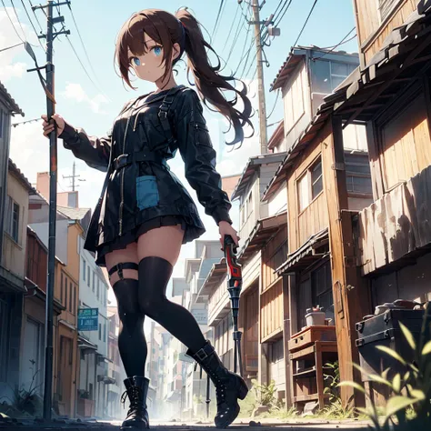 solo1.3、Abandoned City 1 .4、 Mysterious Adorable Girl 、Hold a mechanic rod-shaped weapon 1.7、Leather Armor 1 .5、 Black Mechanic Machine Cage Hand 1 .5、 Black Mechanic Machine Boots 、Reddish brown hair、Dark Light Blue Eyes 、very long ponytail1.3、messy hair、