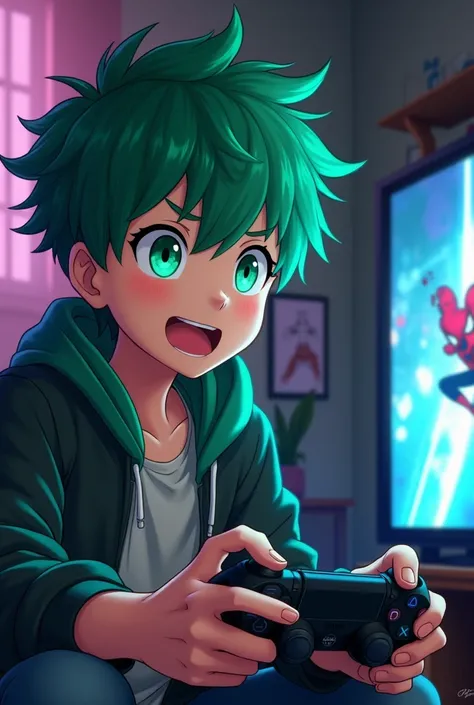 Anime style of a boy with green hair and green eyes playing Spiderman Miles Morales on his PS4  (Change the angle of the image that points to where the television is ) 