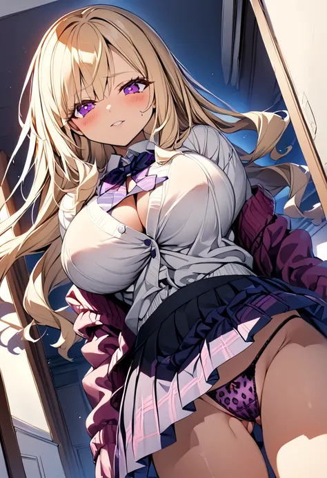  1 girl　 pretty girl 　 anime style 　Anime Face　 anime style　Beauty　Big Breasts　 the jacket is a white cardigan　Black color pleated skirt　Dark purple leopard print thong　Very small panties　Very thin panties　Blonde hair　 straight hair　 long hair　 low angle　 ...