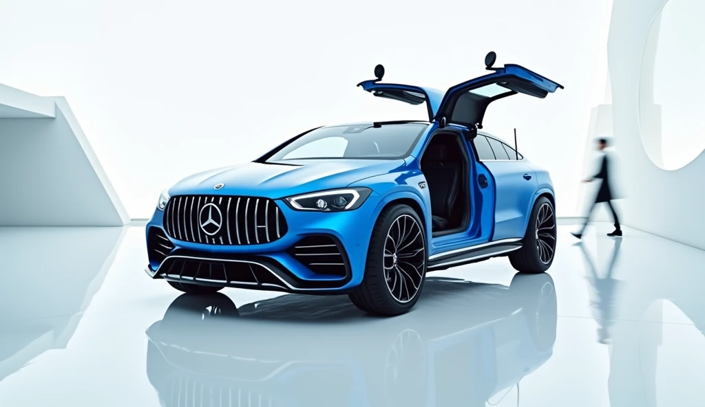 captivating image of a  Mercedes Land cruisertaking center stage in a luxurious white showroom. The futuristic, vibrant blue exterior gleams, showcasing its sleek, aerodynamic design and bold accents. The open door design view highlights the cutting-edge i...