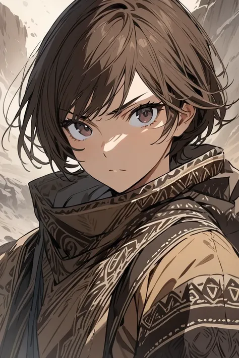 (( best quality)), ((masterpiece)), ( Details),  female in her 20s, human, Brown short hair,  dark eyes, serious, Nomad, knife, 