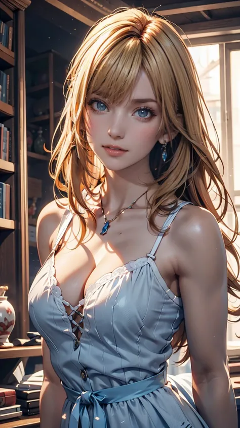  A blonde woman with long hair and a blue dress is posing for a photo,  realistic anime art style,  photorealistic anime girl rendering, smooth anime cg art,  ANIME REALISM STYLE ,  realistic art style ,  realistic young anime girl ,  Beautiful Digital Pai...