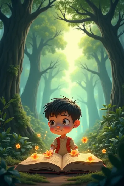 Boy in the middle of the forest finds a book that comes out glimpses of the animated 