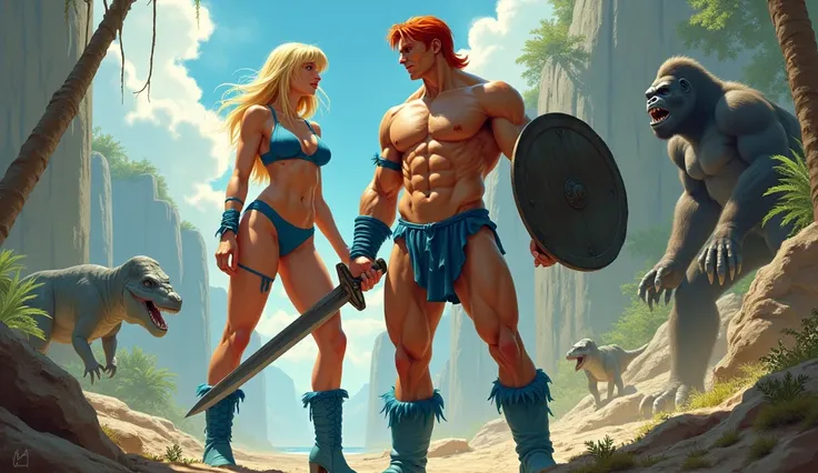 Shirtless red-haired male warrior, with a sword in her hand and a shield in the other ,  wearing blue thongs and blue boots;  next to a blonde woman ,  with straight hair with bangs and wide hips ,  wearing blue swimsuit and blue boots;  in a prehistoric s...