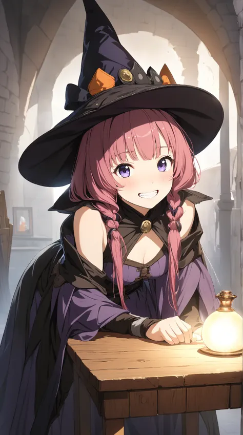 1 girl, (cute face), 18 years old, to many hairstyle, (curious, grin), (blush), medium breasts, slim, (wearing fantasy game style witchs costume, Poncho), (witchs Hat:1.2), (leaning forward:1.2), (standing, breast rest on table), looking at viewer, for glo...