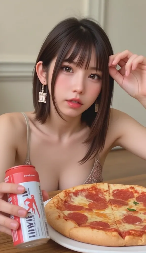 of、slender, small-breasted beauty、 eating pizza with a can of beer in one hand in the room、sitting on floor、 camisole that feels...