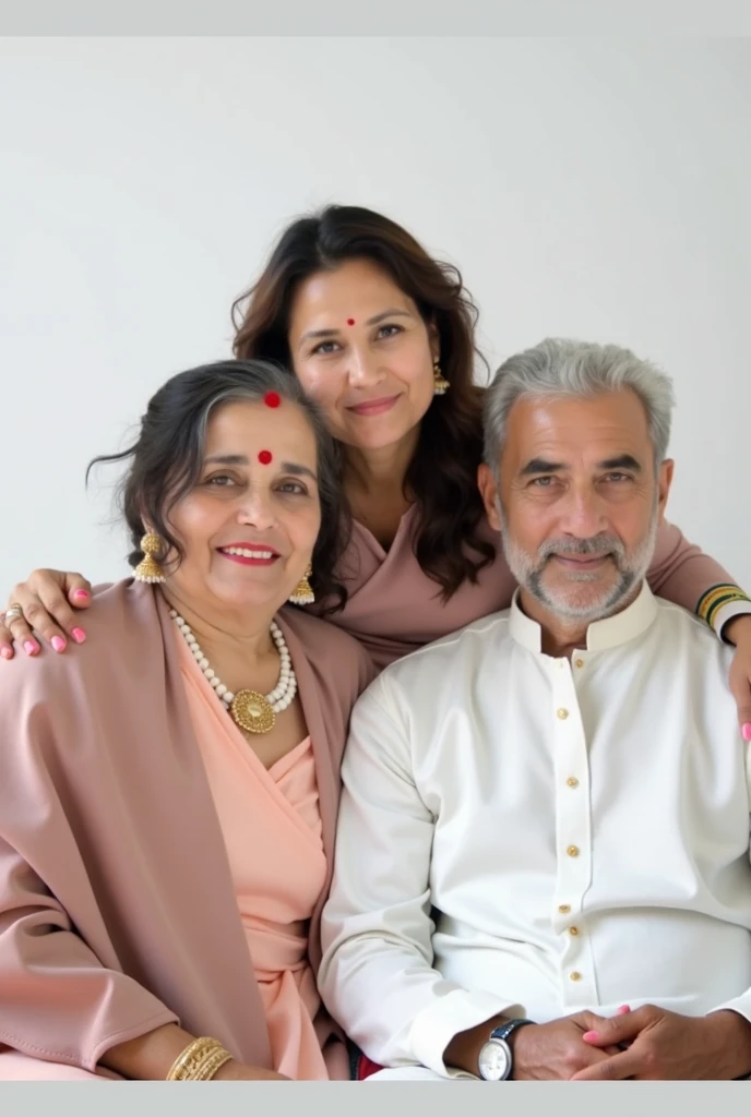  a old man in white kurta sitting on a chair and a old woman in light pink suit salwar and pink shawl sitting on chair on left side and a  25 years woman who is wearing pink ball dress standing behind chair hugging her grandparents photoshoot closeup white...