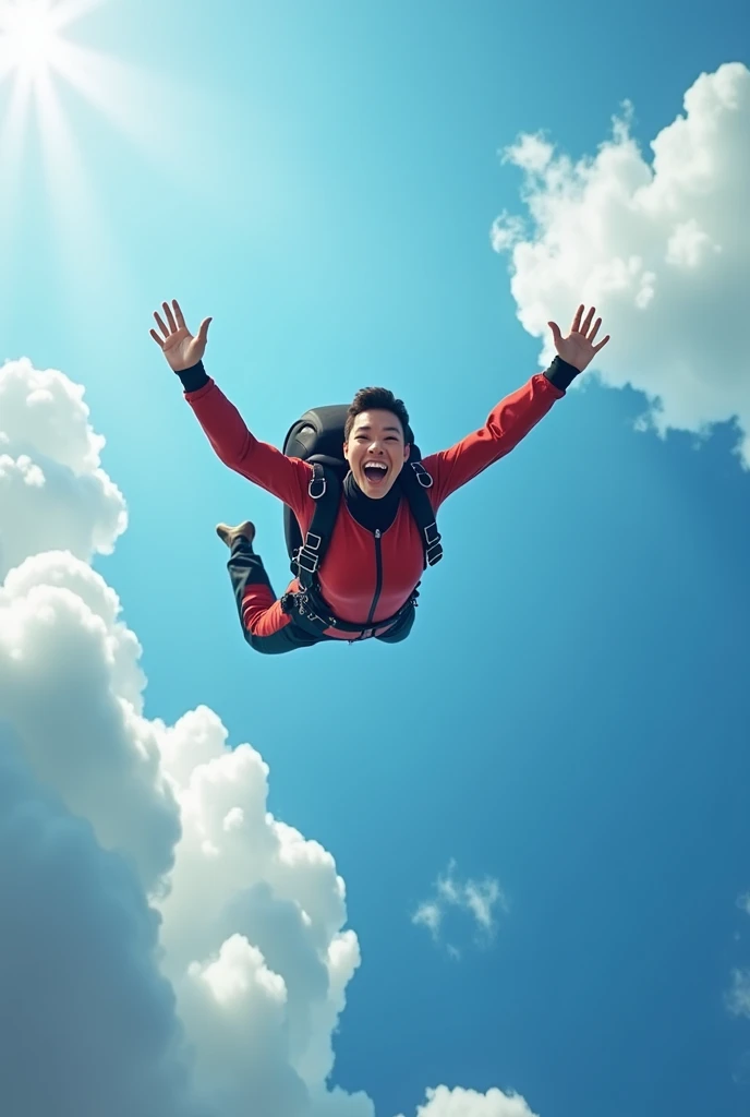 A skydiver in free fall ,  with blue sky as a background and fluffy clouds around .  His radiant smile and outstretched arms convey a sense of absolute freedom.  This image captures the moment just before opening the parachute ,  symbolizing liberation and...