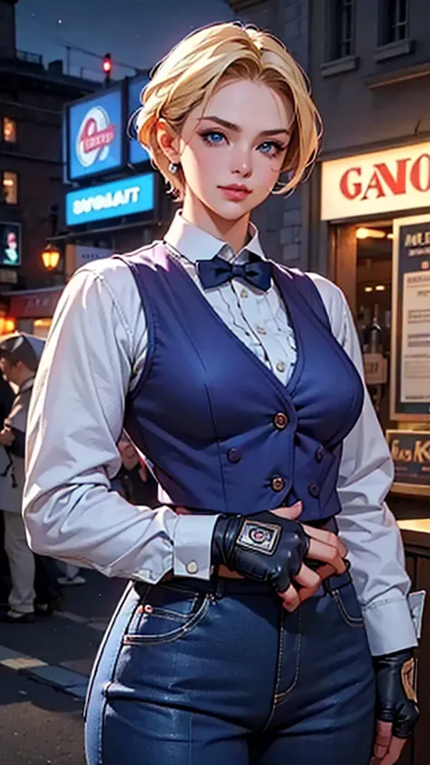 Upper body, Solo, female, sexy bouncer, ultra fine official art, ultra detailed 3D rendering,( standing for ready to fight, in front of bar entrance), detailed seductive beautiful face, smirky facial, (detailed eyes, blue eyes), elegantl makeup, blonde, de...