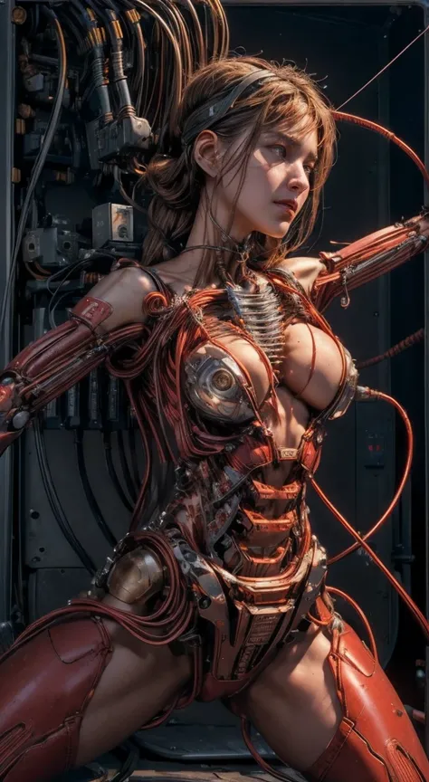 (((masterpiece))), ((best quality)), ((ultra-detailed)), (CG illustration), (an extremely devious and beautiful)), cinematic light, ((1 mechanical girl)), single, full, (machine-made joints: 1.4), ((mechanical limb)), ( blood vessels attached to the tube),...