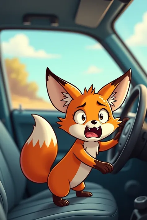 Little fox trapped in car, scared scratching on the window cartoon 