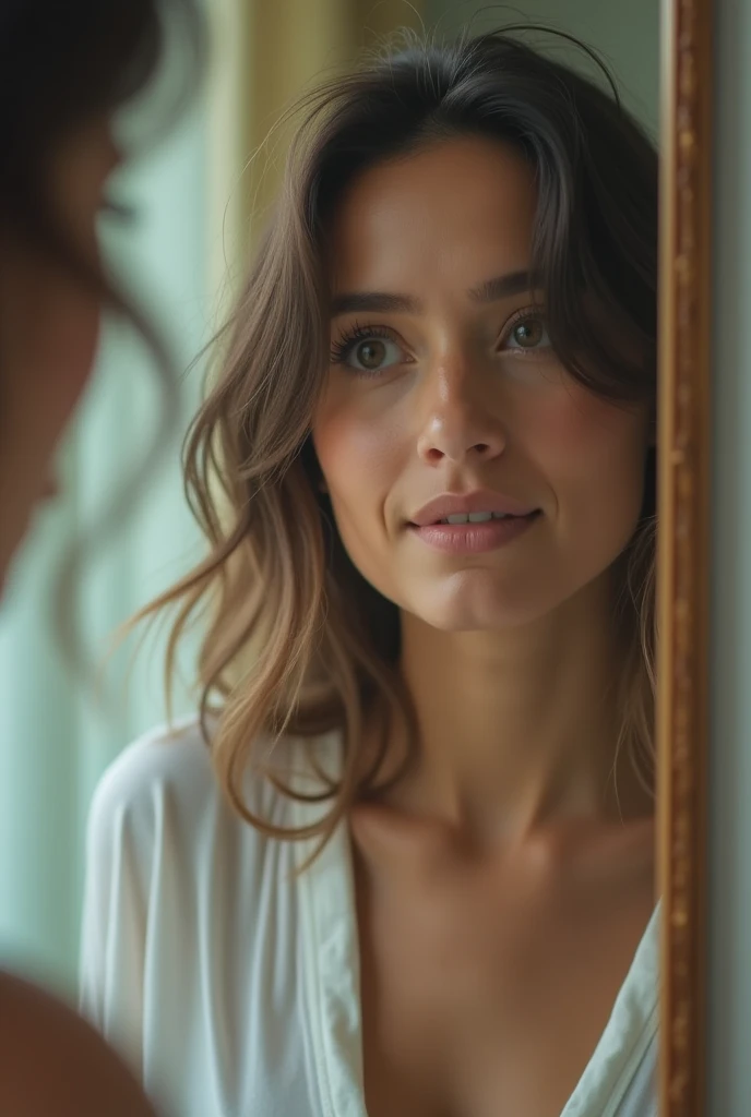  A woman looking at the mirror with a reflective expression ,  in a soft and welcoming environment , transmitting introspection .
 Neutral or pastel tones to create an atmosphere of calm and welcome.
 It can be a slightly blurry photo , highlighting the id...