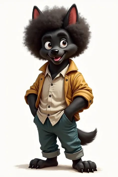 Drawing of a dog with clothes and hand in his pocket with black fur and afro hair 
That dog is called Dash.