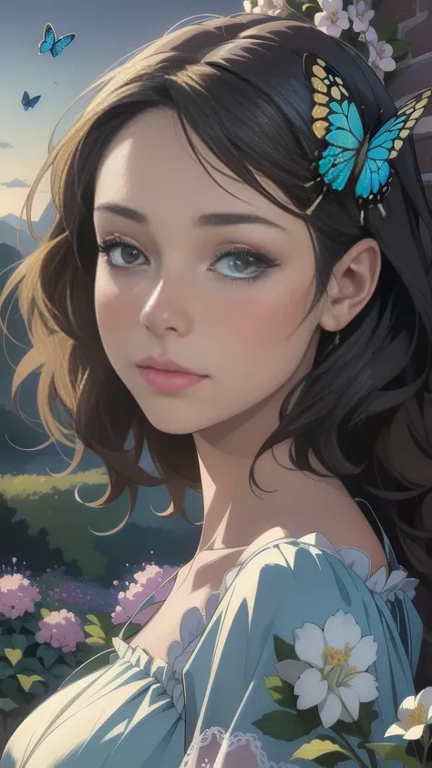 (top quality, masterpiece, super realistic), portrait of one beautiful and delicate girl with a soft and sad expression, the landscape in the background is a garden with flowering bushes and butterflies flying around in blue tones.