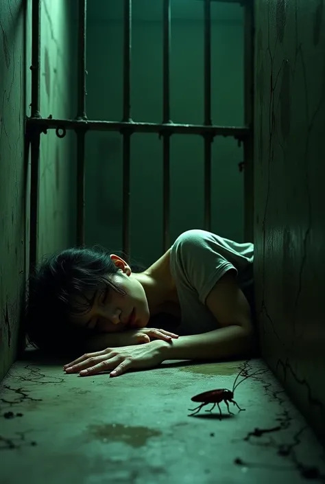  BLACK-HAIRED WOMAN 35 YEARS OLD ON THE FLOOR LYING DOWN CRYING, IN A CELL WITH BARS , WITH A COCKROACH ON THE FLOOR TOO  (GREEN FILTER )
