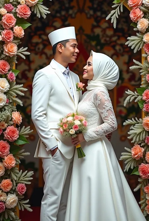 Indonesian wedding photo, the groom wears a white suit and a peci songkok, the bride wears a white wedding dress with a hijab, with the background of the bridal chair decoration 