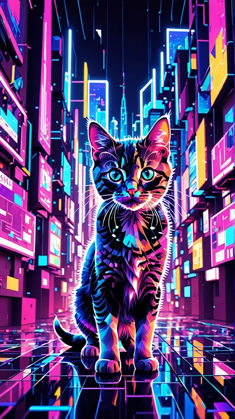 A glitched distorted pixilated  designs :  A futuristic city at night, buildings glitching, distorted pixilated   and fragmenting into digital static, neon lights flickering, A distorted portrait of a little kitten, surrounded by glitching geometric shapes...