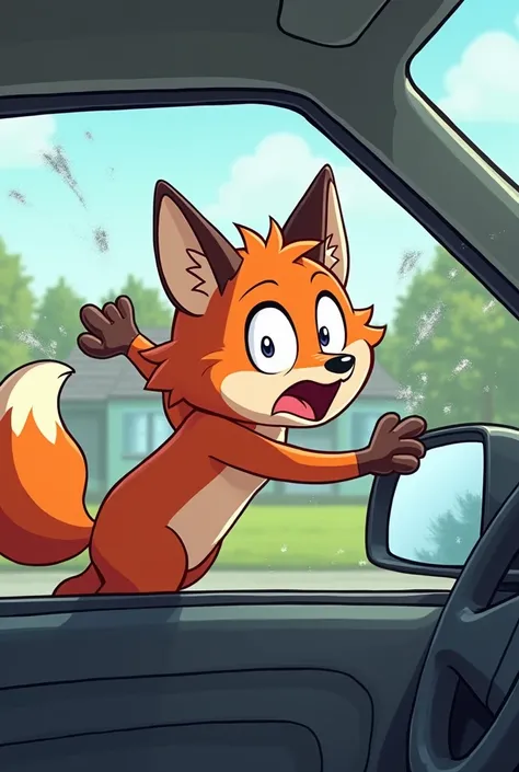 Fox trapped in car scratching on the car window cartoon 