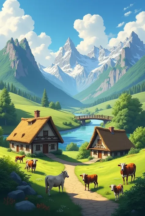 Countryside landscape with two houses mountains of cows and a river with a bridge