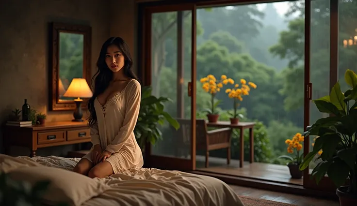 a beautiful Korean woman, very big breasts, Black hair, wearing deep v next sleep gown, sleeping on An open bedroom setting with a cozy bed in the foreground, illuminated by a warm table lamp on a wooden desk adorned with books and potted plants. Large ope...