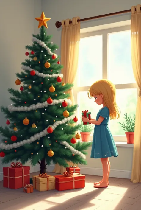 girl stands by the Christmas tree and holds toys for the tree white room next to the tree two windows on the windows beige curtains in the room light outside day girl blonde dressed in a blue dress slim build figure