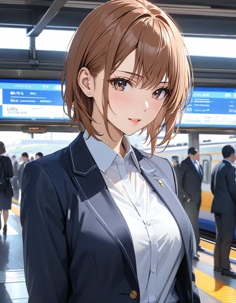 congestion,  OFFICE LADY, (Busy Train Station:1.5), masterpiece:1.5, masterpiece, highest quality, (Misaka Mikoto), UHD, retina, masterpiece, accurate anatomy, textured skin, super detailed, high quality, best quality,  highres icon, 8k