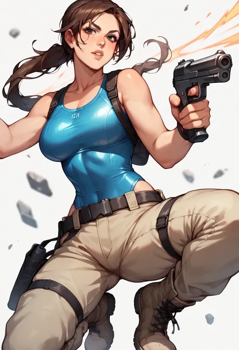 lara croft,fully clothed in  blue swimsuit, beige cargo shorts, hiking boots, leather gunbelt and holsters . white background dynamic pose. aiming pistol at viewer.long brown hair .