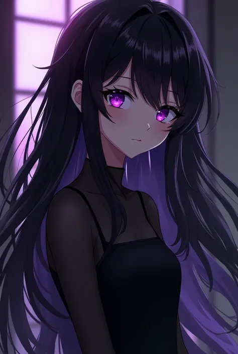 anime girl, black and purple hair,  black dress , sense