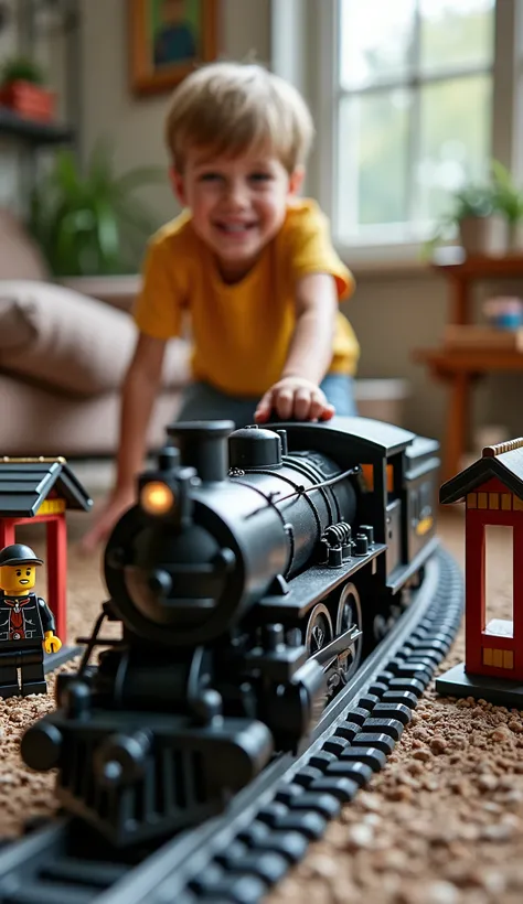  boy playing with a model of toy trains having fun smiling:1.21,In the foreground is the model is very well decorated with a train stop station, LEGO :1. 3 dolls waiting for the toy train ,  the camera is from below ,  making the  look bigger ,, en primer ...