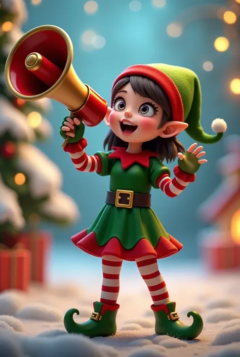 Girl in Christmas elf costume ,  with megaphone and will shout through the