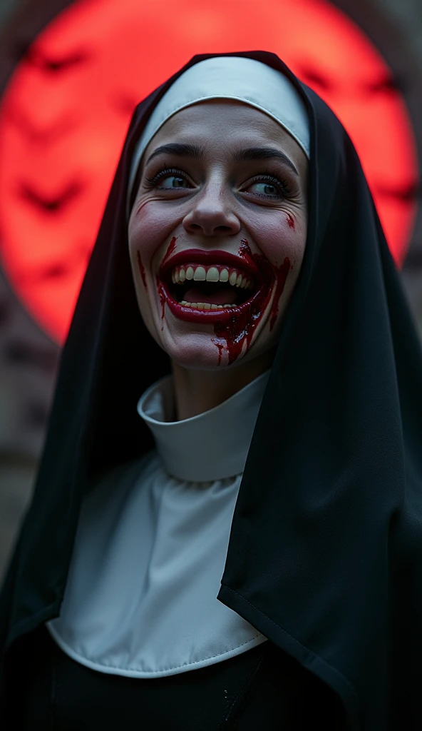 UHD, 8K, ultra detailed, (Vampire Queen, with a nun outfit, With a bloodthirsty smile，Blood all over his face, Body, and blood moon in background. The scene is set in a Gothic castle，There are a lot of bats inside), beautiful lighting, great composition, b...