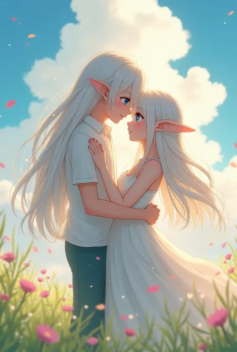 Anime character: Loli blue eyes, white and long hairs with her lover 