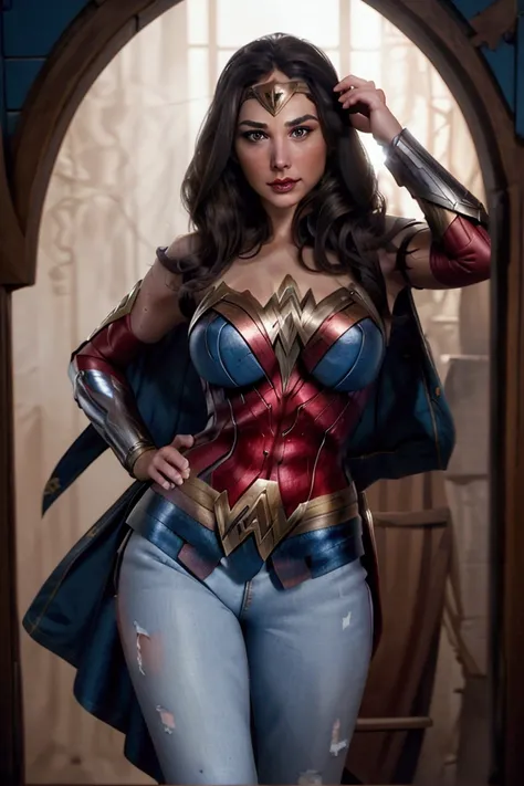 A model, full body, long hair, beautiful, Gal Gadot, wonder woman, with the tiara of wonder woman from the injustice 2 game, big round breasts and fingers with grid neckline, belly showing thin waist, perfect eyes, beautiful face, (Wearing: white half cup ...